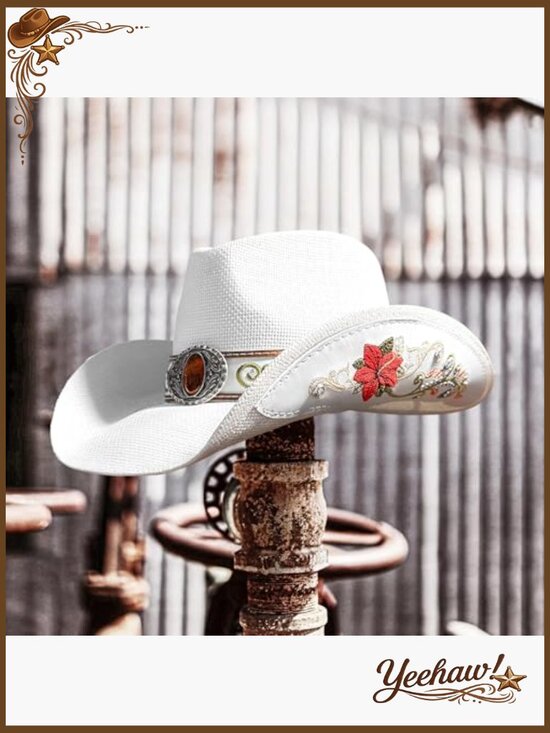 Embroidered Straw Cowboy Hat Adjustable Sizes Western Floral Design main image 6